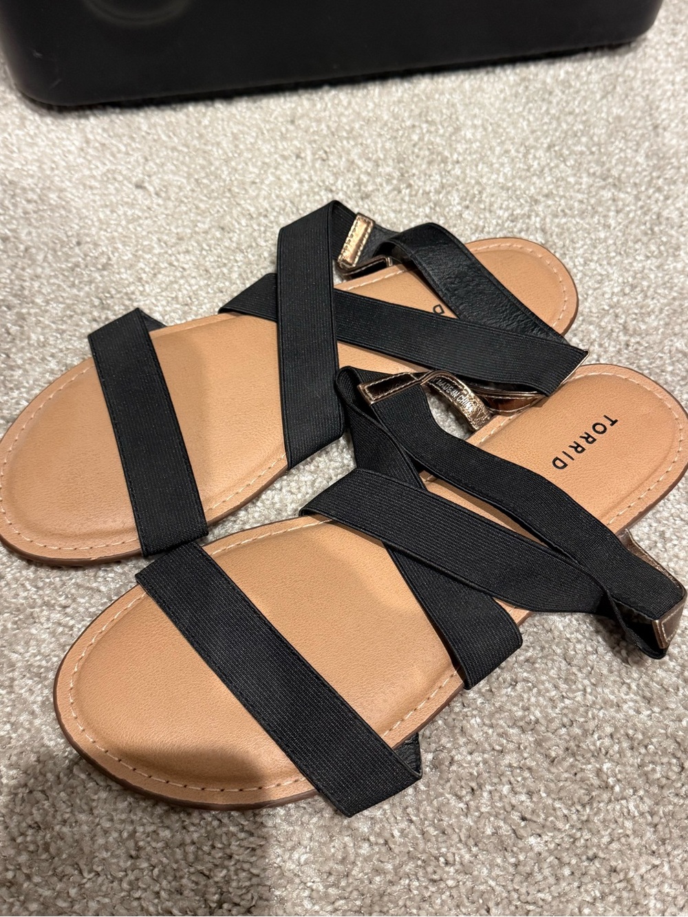 torrid Black Elastic Strappy Sandals with Tan Footbed